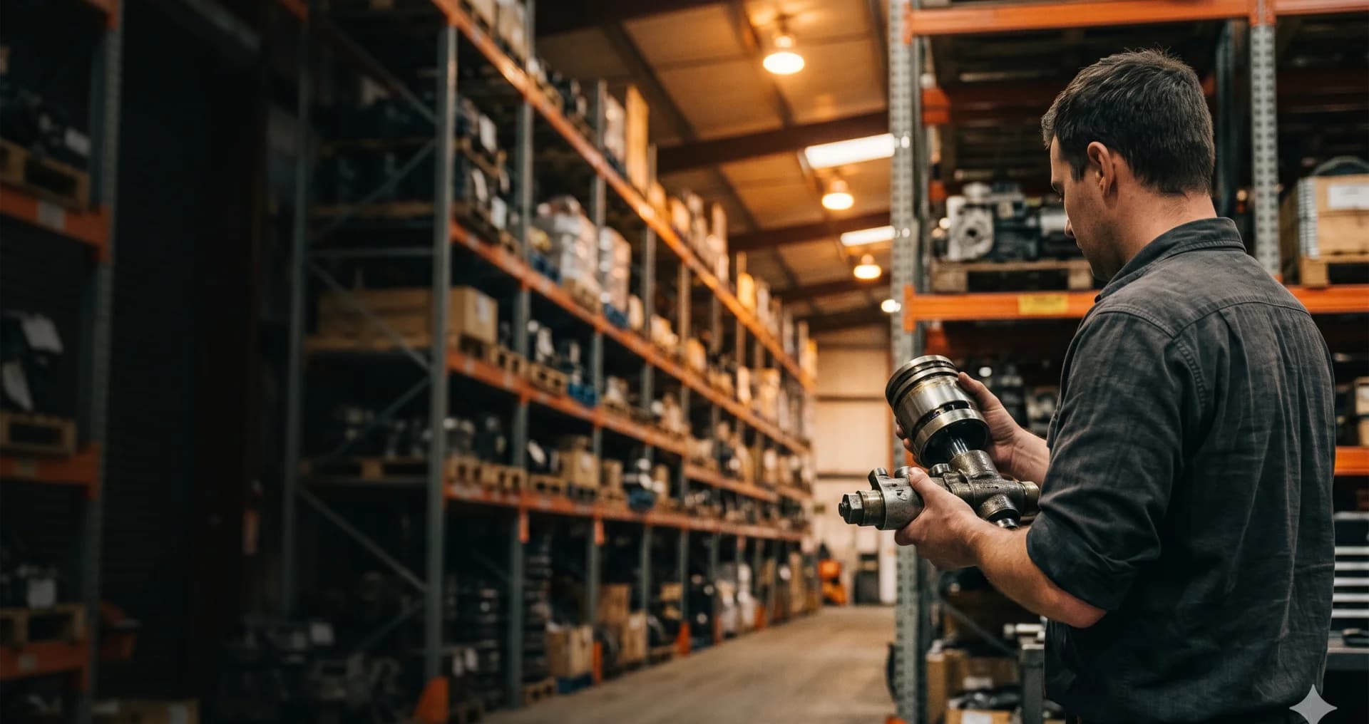 Parts expert examining a heavy equipment component in our warehouse